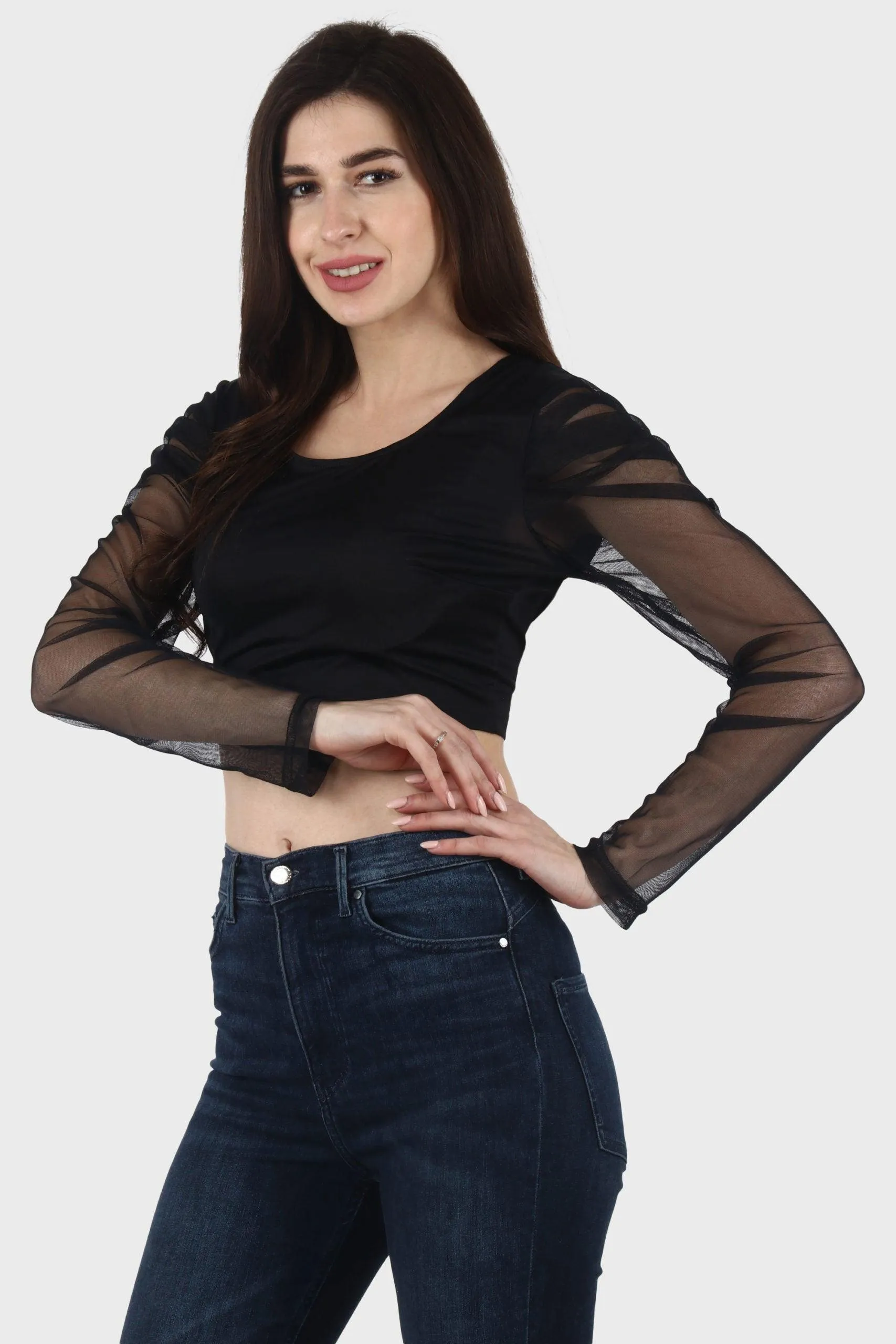 Black Solid Top with Sheer Sleeves