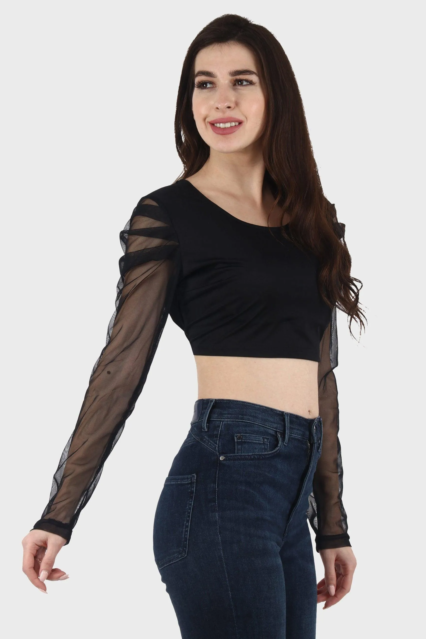 Black Solid Top with Sheer Sleeves
