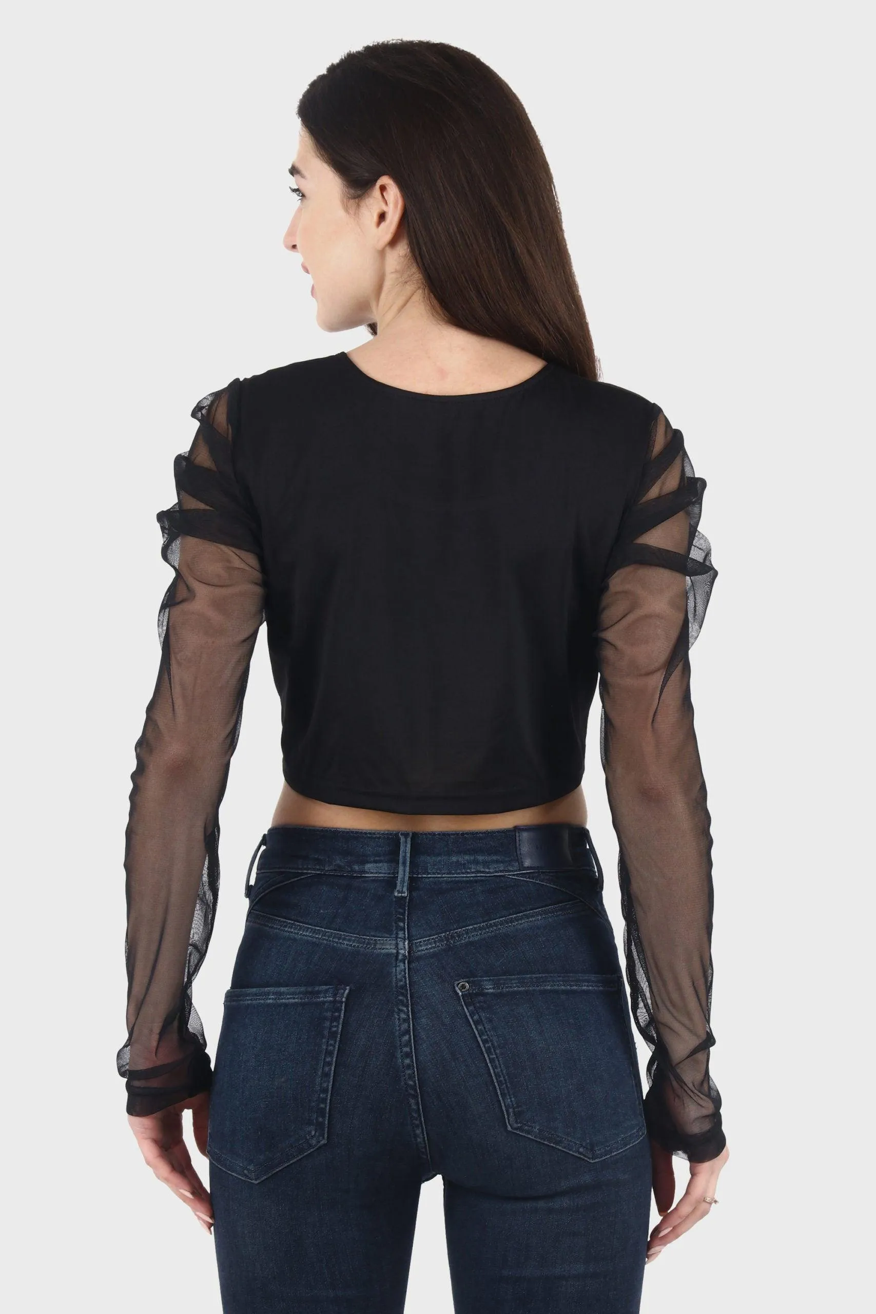 Black Solid Top with Sheer Sleeves