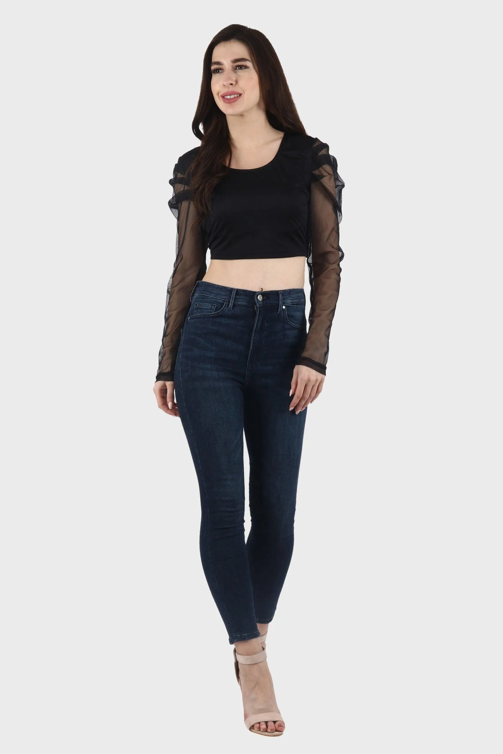 Black Solid Top with Sheer Sleeves