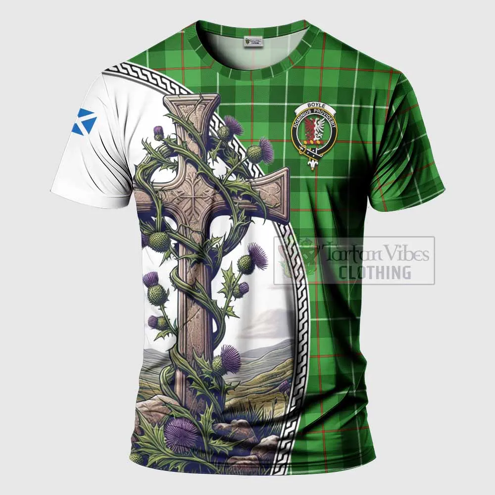 Boyle Tartan T-Shirt with Family Crest and St. Andrew's Cross Accented by Thistle Vines